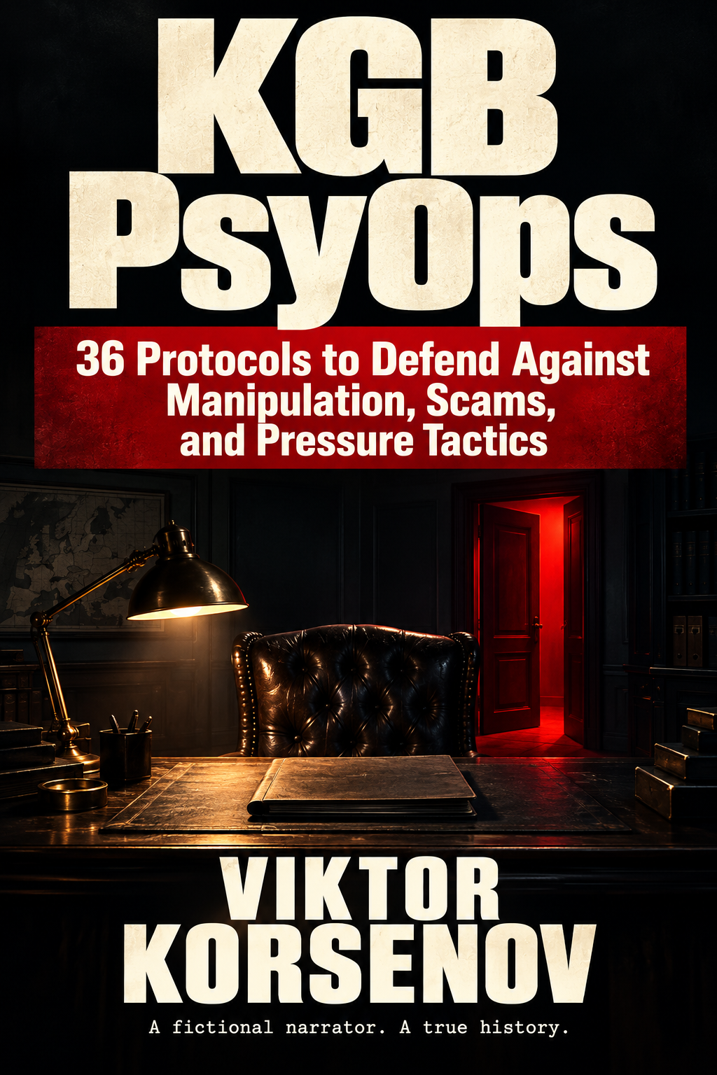KGB PsyOps by Viktor Korsenov. 36 Protocols to Defend Against Manipulation, Scams, and Pressure Tactics. Cover showing a leather chair, brass lamp, and glowing crimson doorway.