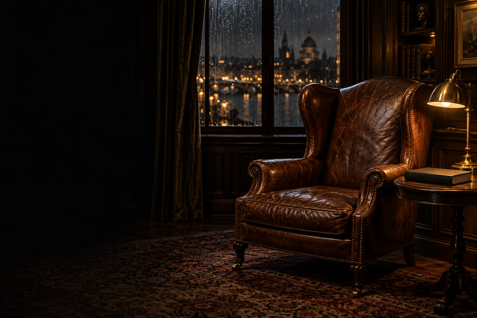 An empty leather chair and a brass lamp beside a rain-lit window in Viktor’s private study.