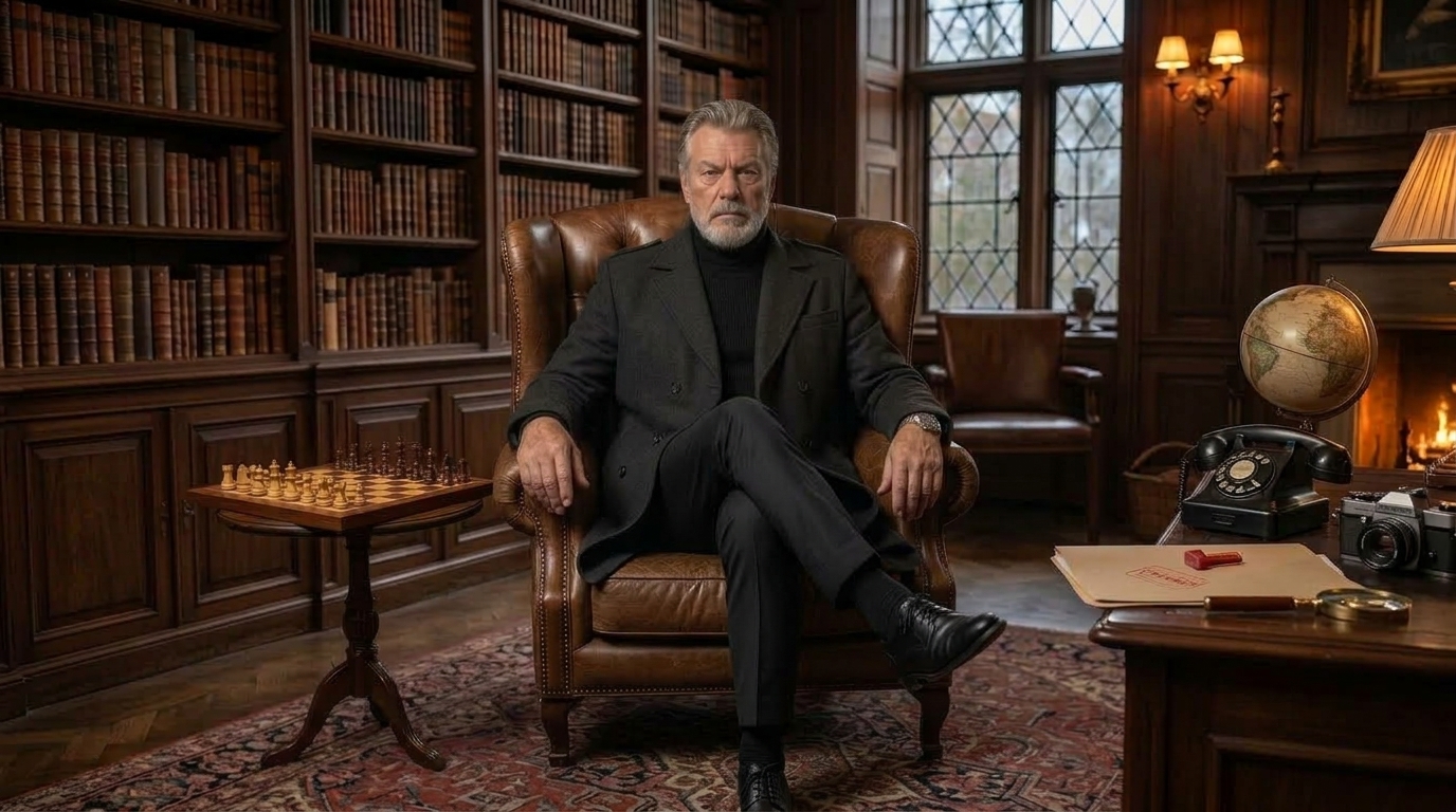 Viktor seated in a leather chair in his wood-paneled study, with a chessboard and rotary telephone.
